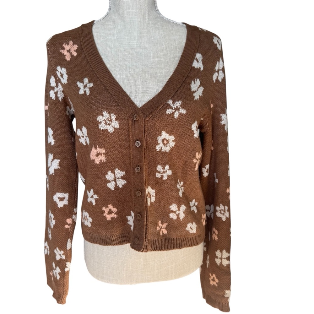 American Eagle Outfitters Brown and Pink Floral V-neck Cardigan